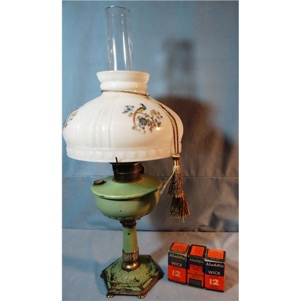 Aladdin lamp, metal bowl, original chimney and shade