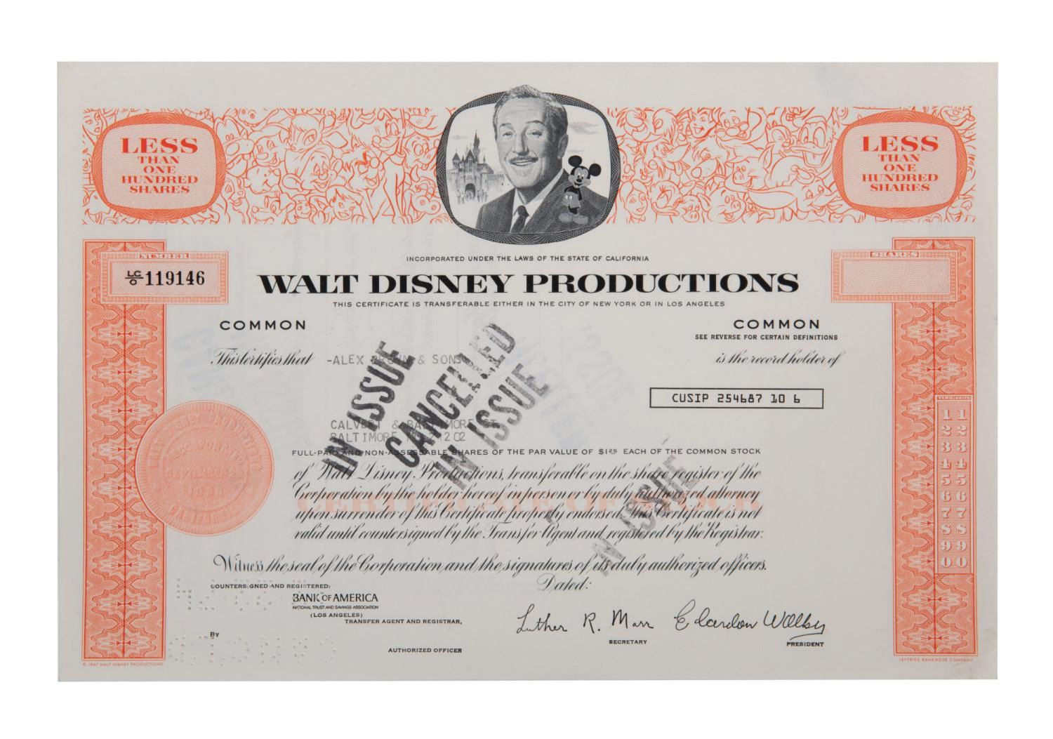 Collection of (4) Walt Disney Stock Certificates Van Eaton Galleries Collection of (4) Walt Disney Stock Certificates Van Eaton Galleries