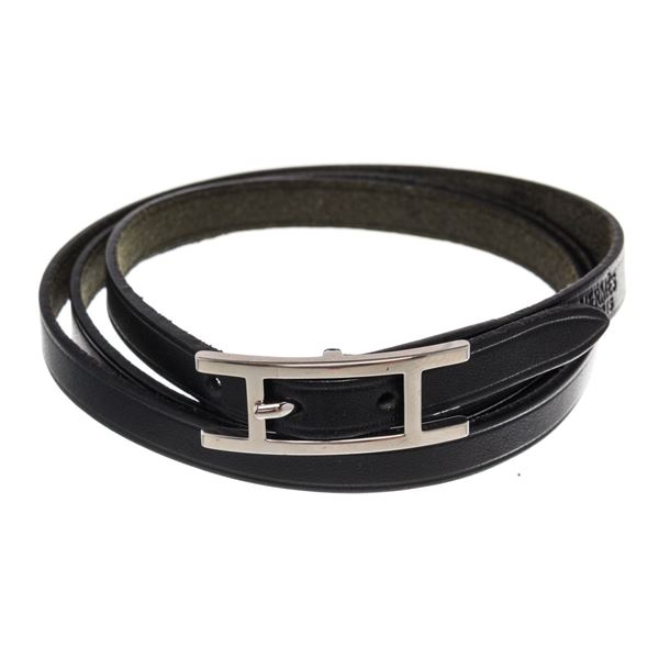 Hermes Black Leather Palladium Plated Behapi Double Tour Bracelet