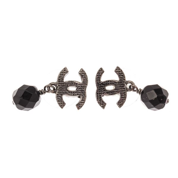 Chanel CC Black Crystal Drop Silver-tone Earrings