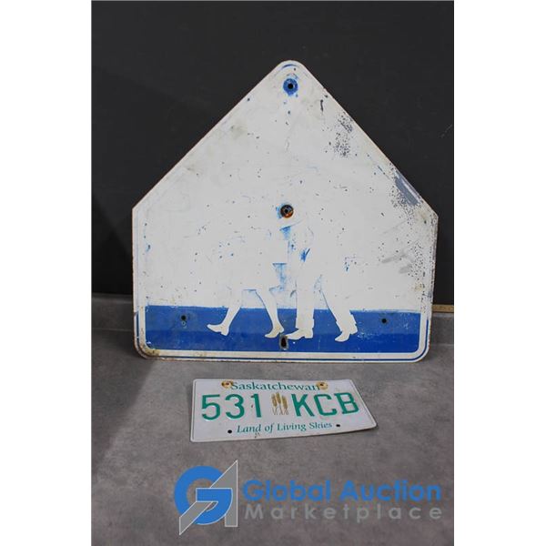 Metal Walking Sign and Sask License Plate