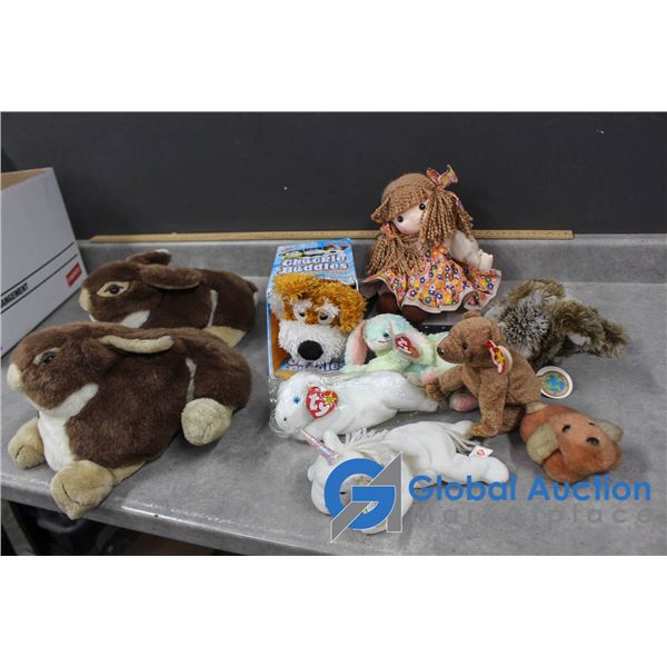 Assorted Stuffed Animals and Bunnie Slippers