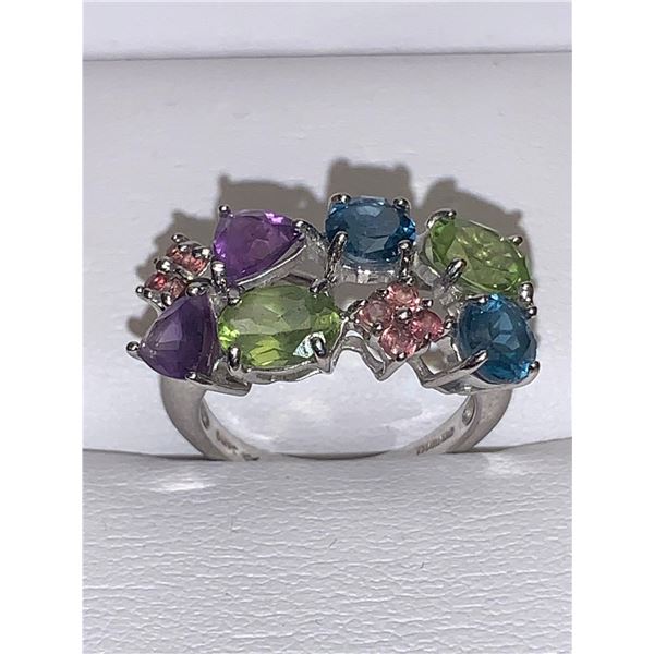Ladies 10K Gold Multi Gemstone Trillion Oval Cut Peridot, Sapphire, Amethyst Ring Appraisal $5,400.0