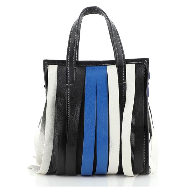 Balenciaga Bazar Convertible Tote Fringe Striped Leather XS Black, Blue, Multico