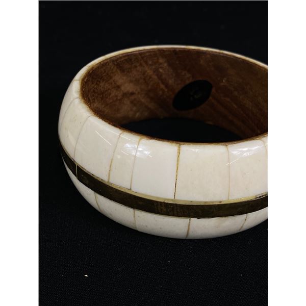 Vintage Wide Bone Cuff Wood Bracelet with Brass Trim - Original Sticker Inside - Very Good Condition