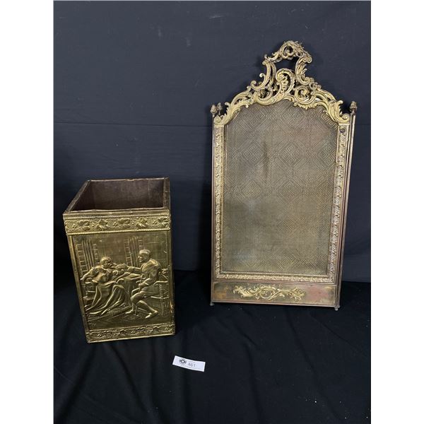 vintage Brass Foldable Fireplace Screen With Box for Wood