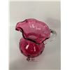 Image 2 : Lovely Vintage Hand Blown Cranberry Glass Pitcher With a Clear Applied Handle. 6" Tall with a Nice R