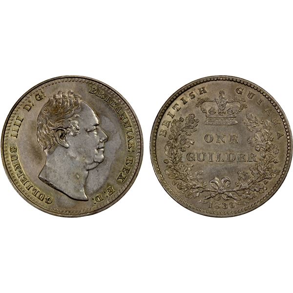 BRITISH GUIANA: William IV, 1830-1837, AR guilder, 1836, EF-AU