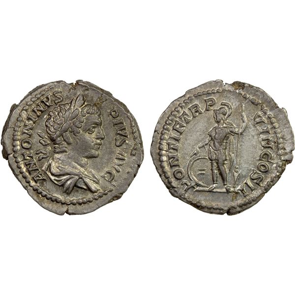 ROMAN EMPIRE: Caracalla, 198-217 AD, AR denarius (3.35g), Rome, 205 AD, EF