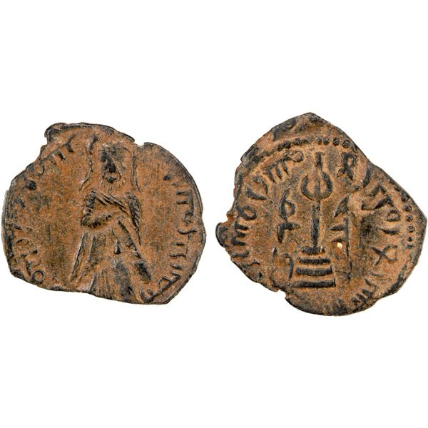 ARAB-BYZANTINE: Standing Caliph, ca. 692-697, AE fals (1.74g), Halab, ND, VF-EF