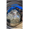 Image 8 : LOT OF WHEELS, BOAT CLEAT WITH BUCKET OF METAL SHIMS AND CABLE