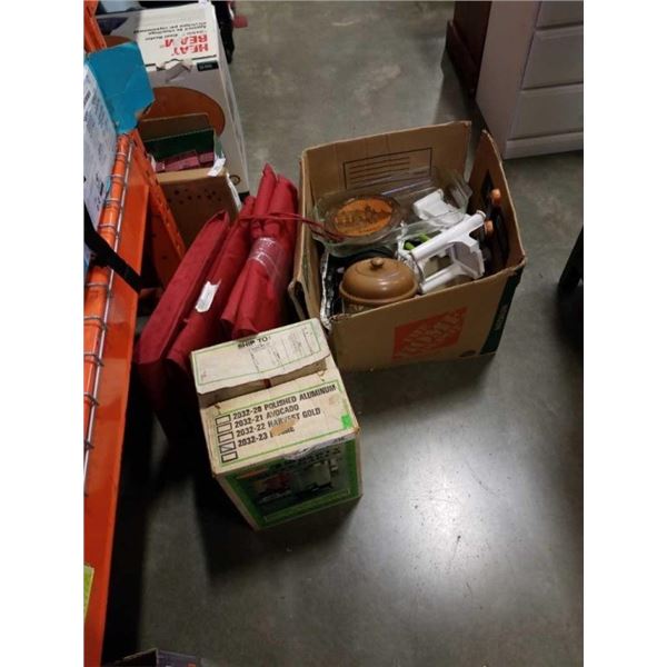 BOX OF KITCHEN ITEMS, PYREX BAKING DISH, POTTERY, CARVED WOOD CANDLESTICKS, COFFE PERK, PATIO CUSHIO