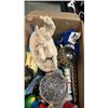 Image 8 : 2 TOTES OF COLLECTABLES, FOUNTAIN, TINS, MICKEY MOUSE COIN BANK, WOOD CASTONETS, FIGURES, DECORATIVE
