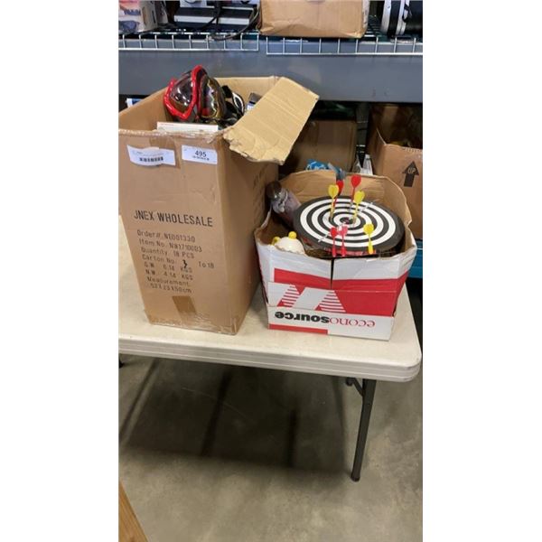 2 BOXES OF ESTATE GOODS, WATER BOTTLE, CERAMIC DISHES, WASP TRAPS, SNOW GOGGLES, MAGNETIC DART GAMES