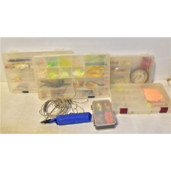 BOX W/ 4 PLANO CASES OF FISHING LURES AND MORE.