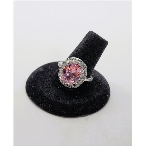 20)  ROUND PINK WITH CLEAR DOUBLE HALO CZ RING