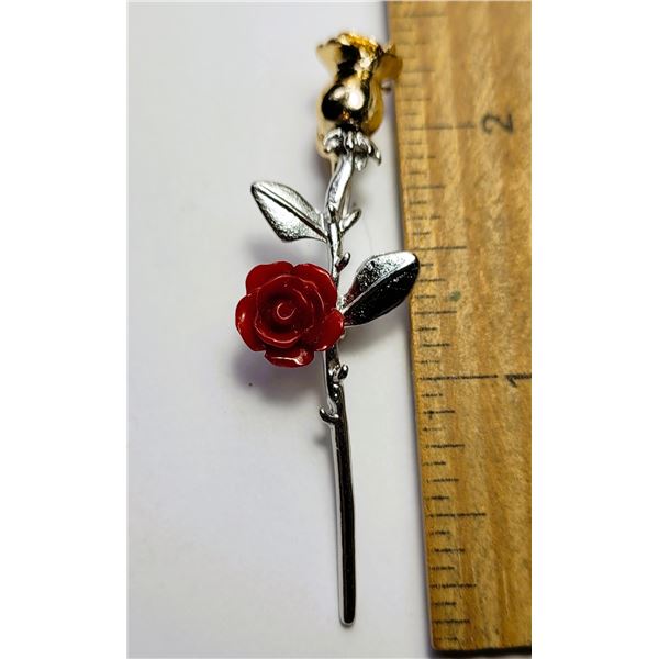 14)  GOLD & SILVER TONE WITH RED ROSE STICK PIN