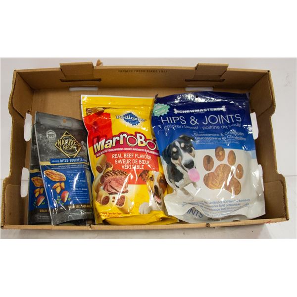 LOT OF ASSORTED DOG FOOD, TREATS & DENTAL STICKS