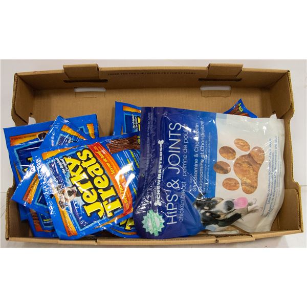 LOT OF ASSORTED DOG FOOD, TREATS & DENTAL STICKS