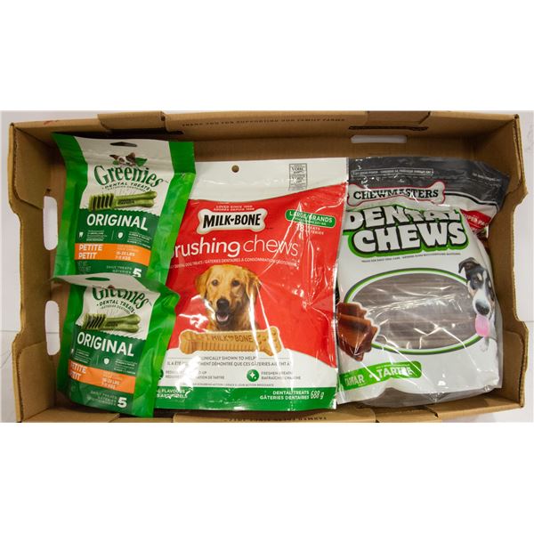 LOT OF ASSORTED DOG FOOD, TREATS & DENTAL STICKS