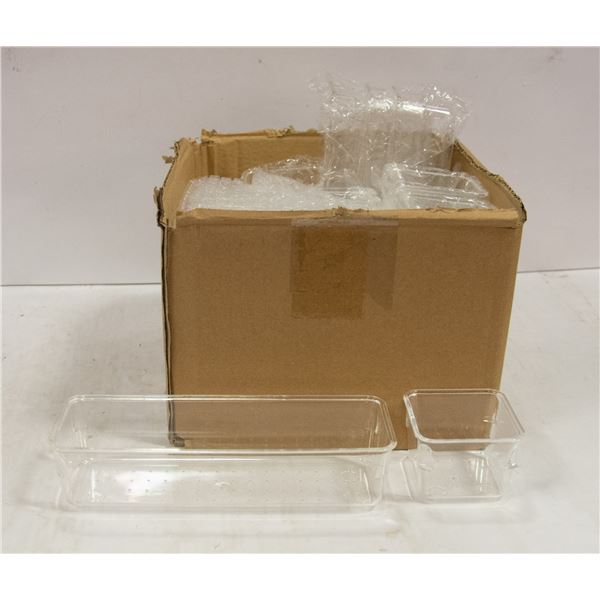 BOX OF PLASTIC STORAGE ORGANIZERS