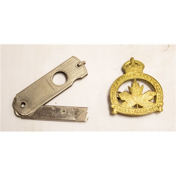 ANTIQUE CADET BADGE AND TOBACCO CUTTER