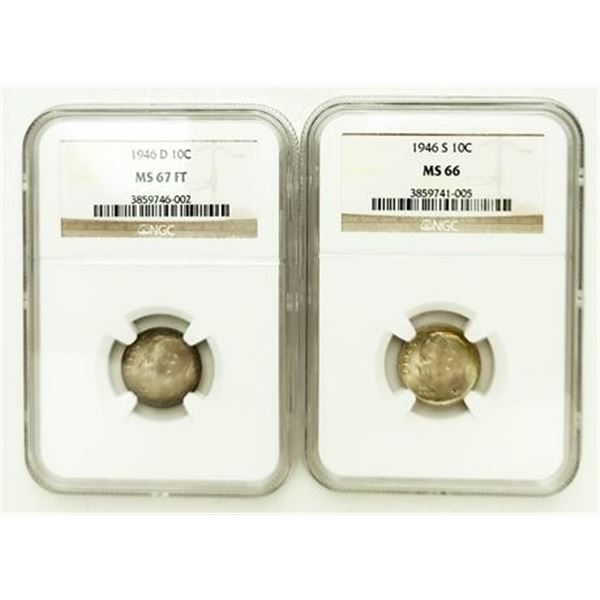 Group of 2 Roosevelt Dimes 1946-D MS-67 FT and 1946-S MS-66 NGC