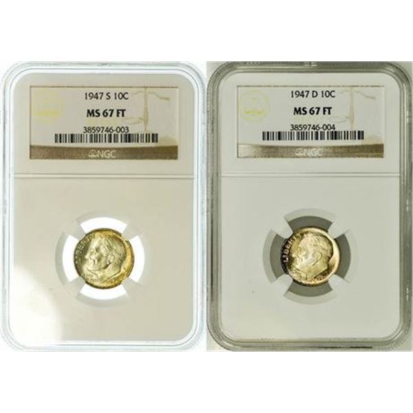 Group of 2 Roosevelt Dimes 1947-D and 1947-S NGC MS-67 FT