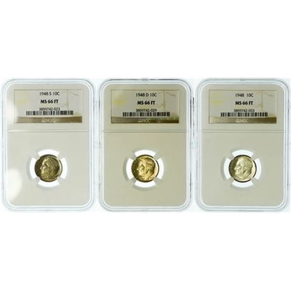 Group of 3 1948, 1948-D, 1948-S Roosevelt Dimes NGC MS-66 FT