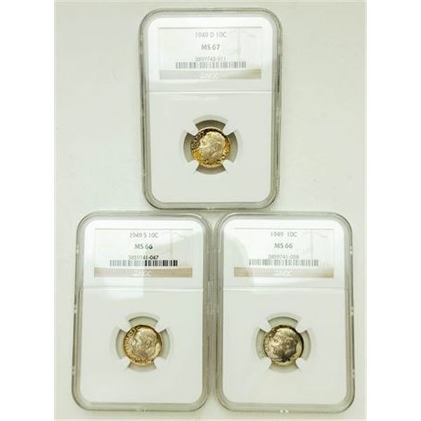 Group of 3 Roosevelt Dimes 1949 MS-66, 1949-D MS-67, 1949-S MS-66 NGC