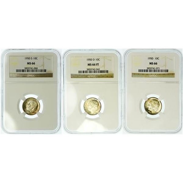 Group of 3 Roosevelt Dimes 1950 MS-66, 1950-D MS-66 FT, 1950-S MS-66 NGC