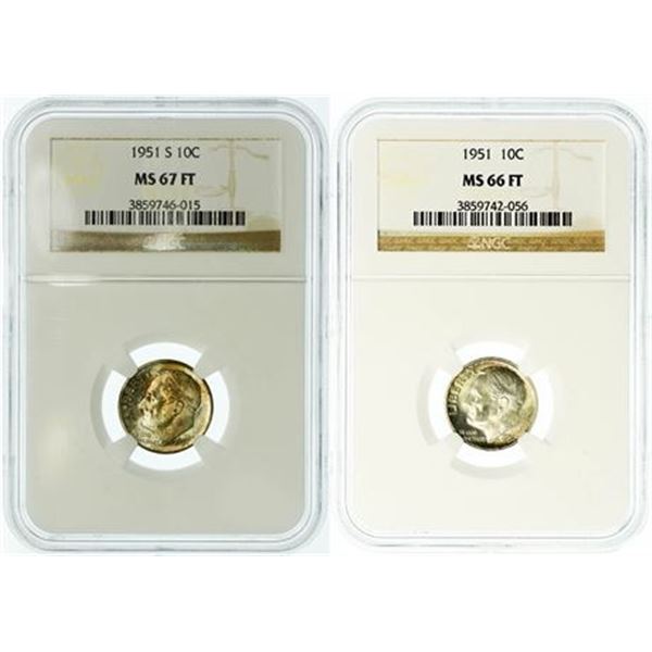 Group of 2 Roosevelt Dimes 1951 MS-66 FT and 1951-S MS-67 FT NGC