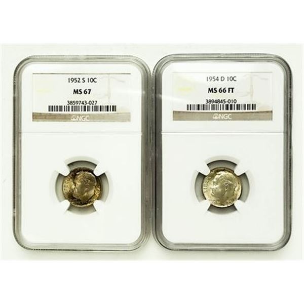 Group of 2 Roosevelt Dimes 1952-S MS-67 and 1954-D MS-66 FT NGC