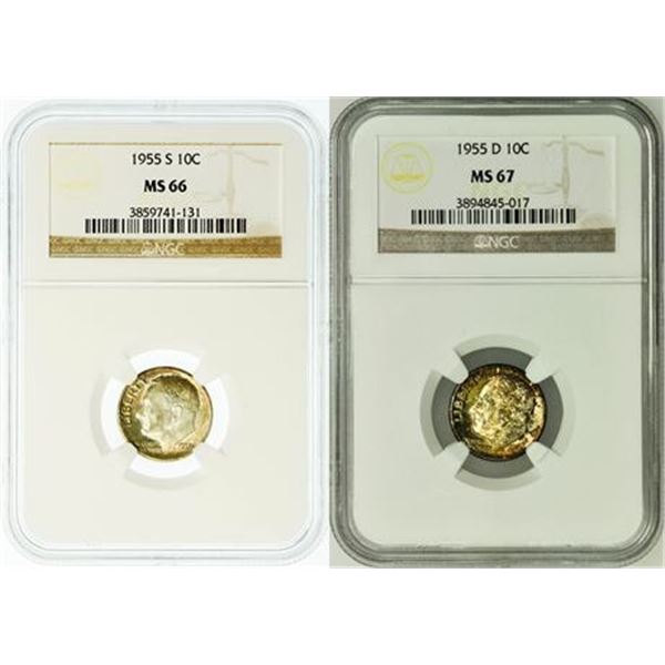 Group of 2 Roosevelt Dimes 1955-D MS-67 and 1955-S MS-66 NGC