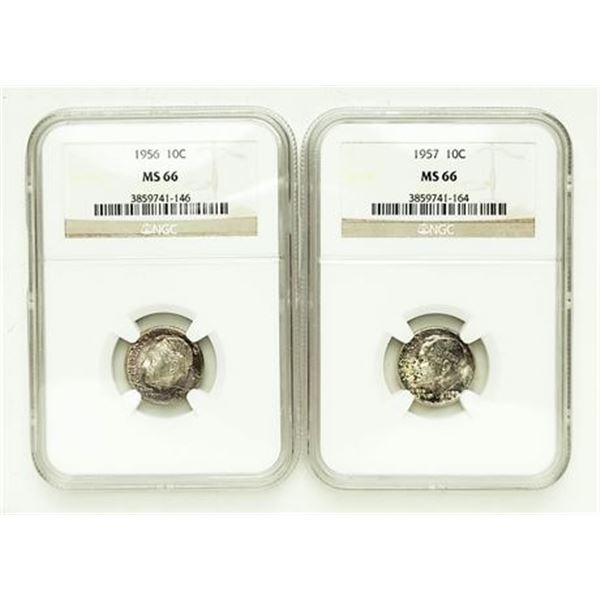 Group of 2 Roosevelt Dimes 1956 and 1957 NGC MS-66
