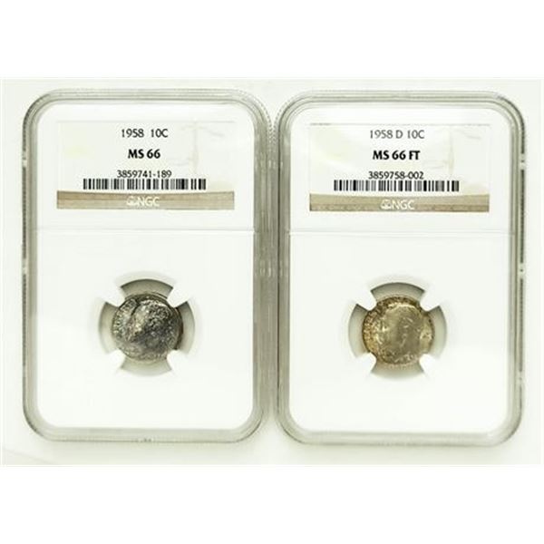Group of 2 Roosevelt Dimes 1958 MS-66 and 1958-D MS-66 FT NGC