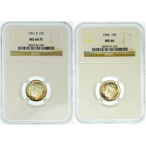 Group of 2 Roosevelt Dimes 1960 MS-66 and 1961-D MS-66 FT NGC