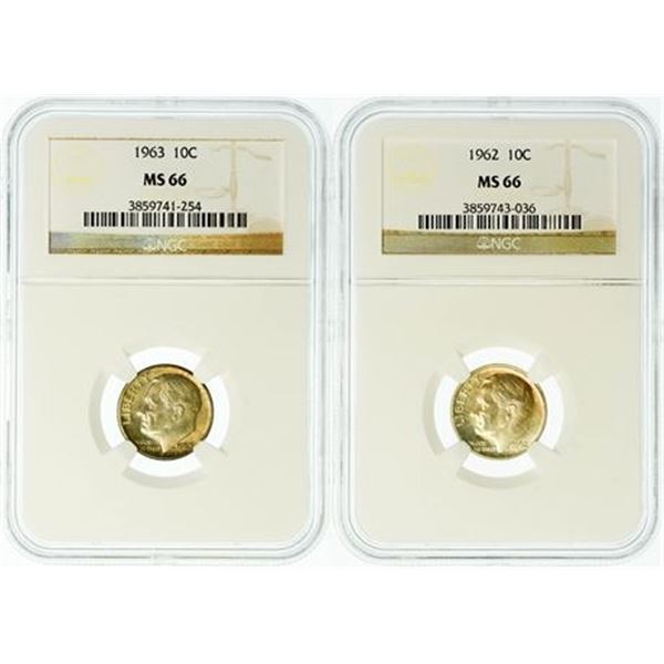 Group of 2 Roosevelt Dimes 1962 and 1963 NGC MS-66