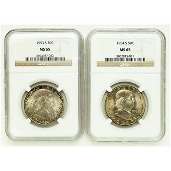 Group of 2 Franklin Half Dollars 1953-S and 1954-S NGC MS-65