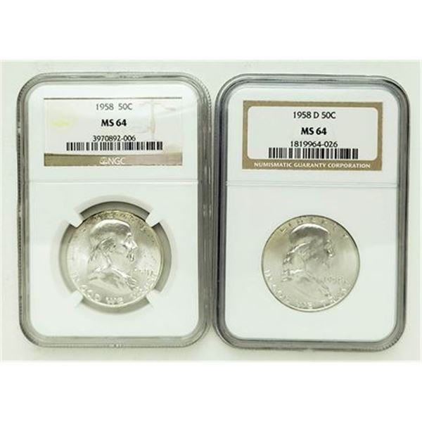 Group of 2 Franklin Half Dollars 1958 and 1958-D NGC MS-64