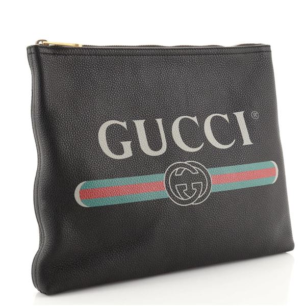 Gucci Black Leather Printed Logo Portfolio Medium Pouch