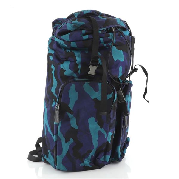 Prada Blue Printed Camo Tessuto Double Pocket Buckle Large Backpack