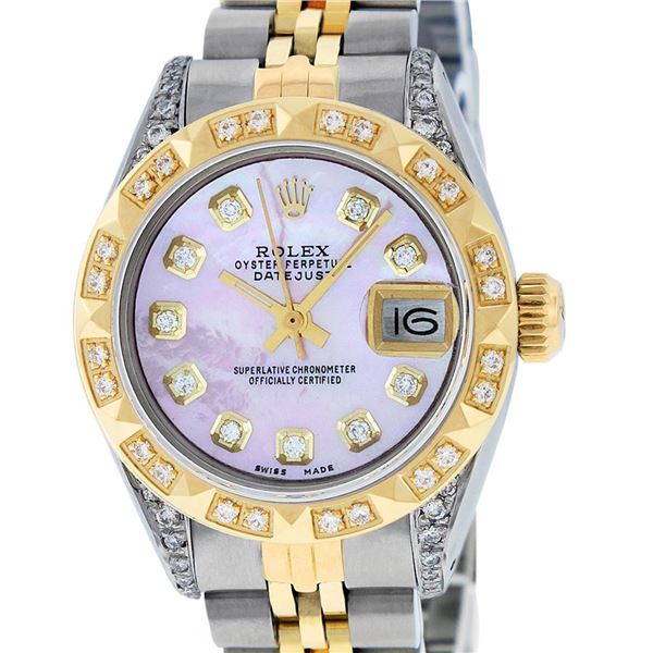 Rolex Ladies 2 Tone Pink MOP Diamond Lugs & Pyramid Datejust Wriswatch