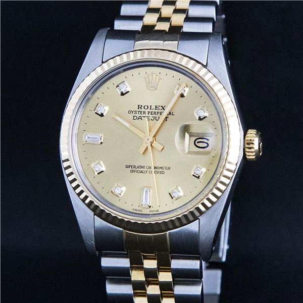 Rolex Mens 2 Tone Champagne Diamond 36MM Datejust Oyster Perpetual Wristwatch