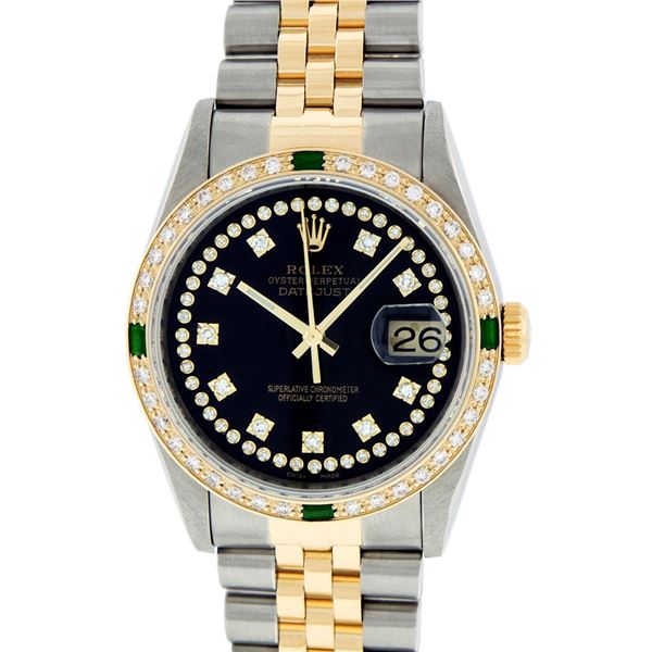 Rolex Mens 2 Tone Black String Diamond & Emerald 36MM Datejust