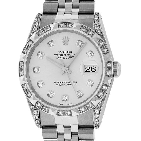 Rolex Mens Stainless Steel Silver Diamond Lugs & Pyramid Bezel Datejust Wristwat