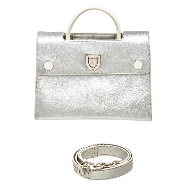 Christian Dior Silver Leather Metallic Medium Handbag