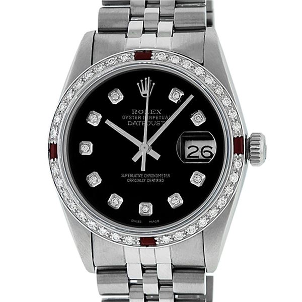 Rolex Mens 36 Datejust Black Diamond & Ruby Serviced Polished