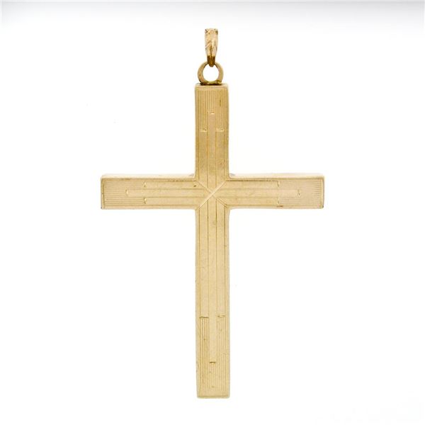 Large Antique Esemco 10K Rosy Yellow Gold Puffed Engraved Polished Cross Pendant