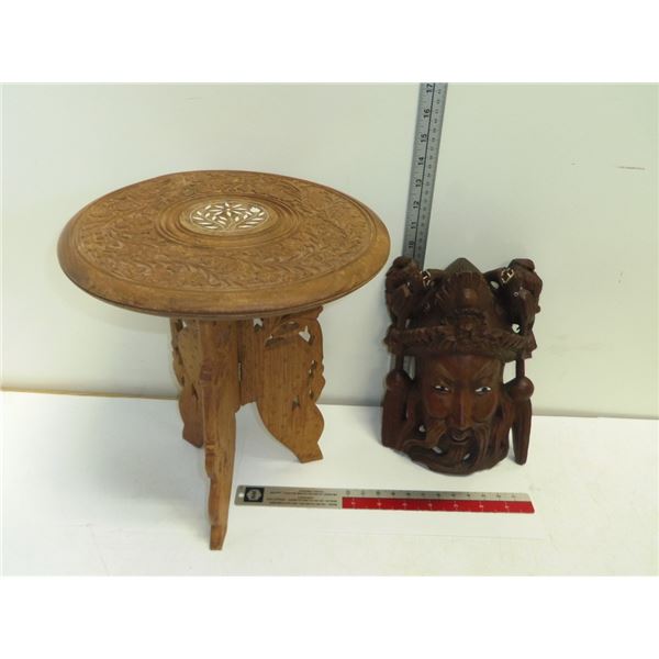 Small Wooden Asian Side Table and Mask